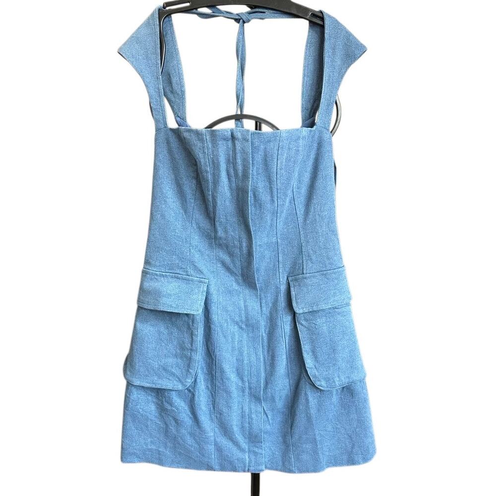 Sundays Soho Denim Pocket Mini Dress Sz Small Pinafore Style Front Patch Pockets - Picture 5 of 16
